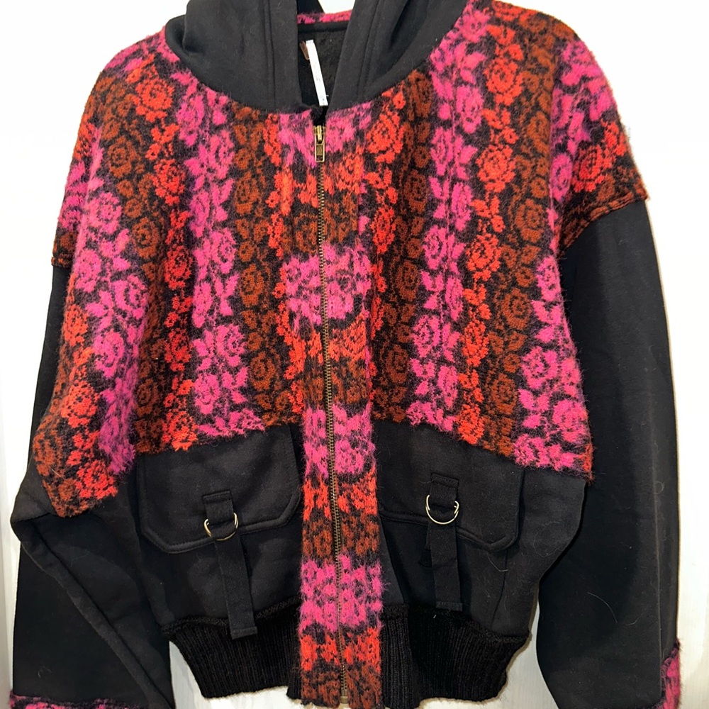 Free People AMAZING Black Hoodie Jacket with Pink & Red Pattern
